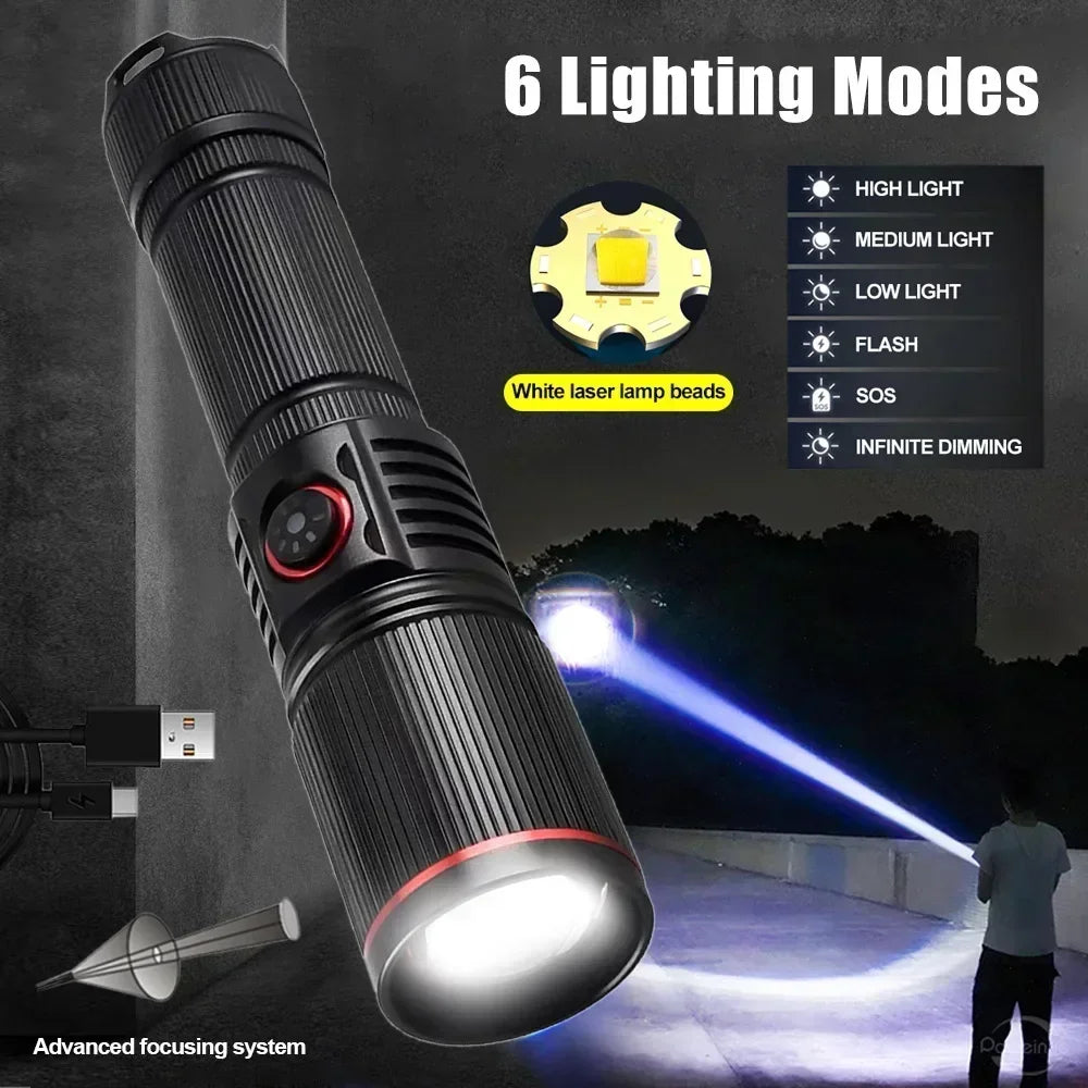 30W High Bright LED Flashlight High Power Type C Rechargeable Zoom Torch Camping Outdoor Hunting Fishing Walking Lighting Lamp