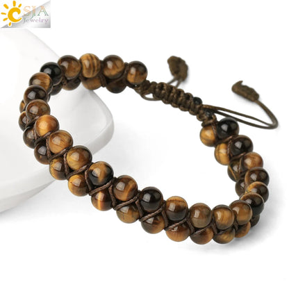 CSJA Natural Stone Bracelet for Men Women Handmade Double Layers Healing Tiger eye Amethysts Crystal Bead Bangle Bracelets G397