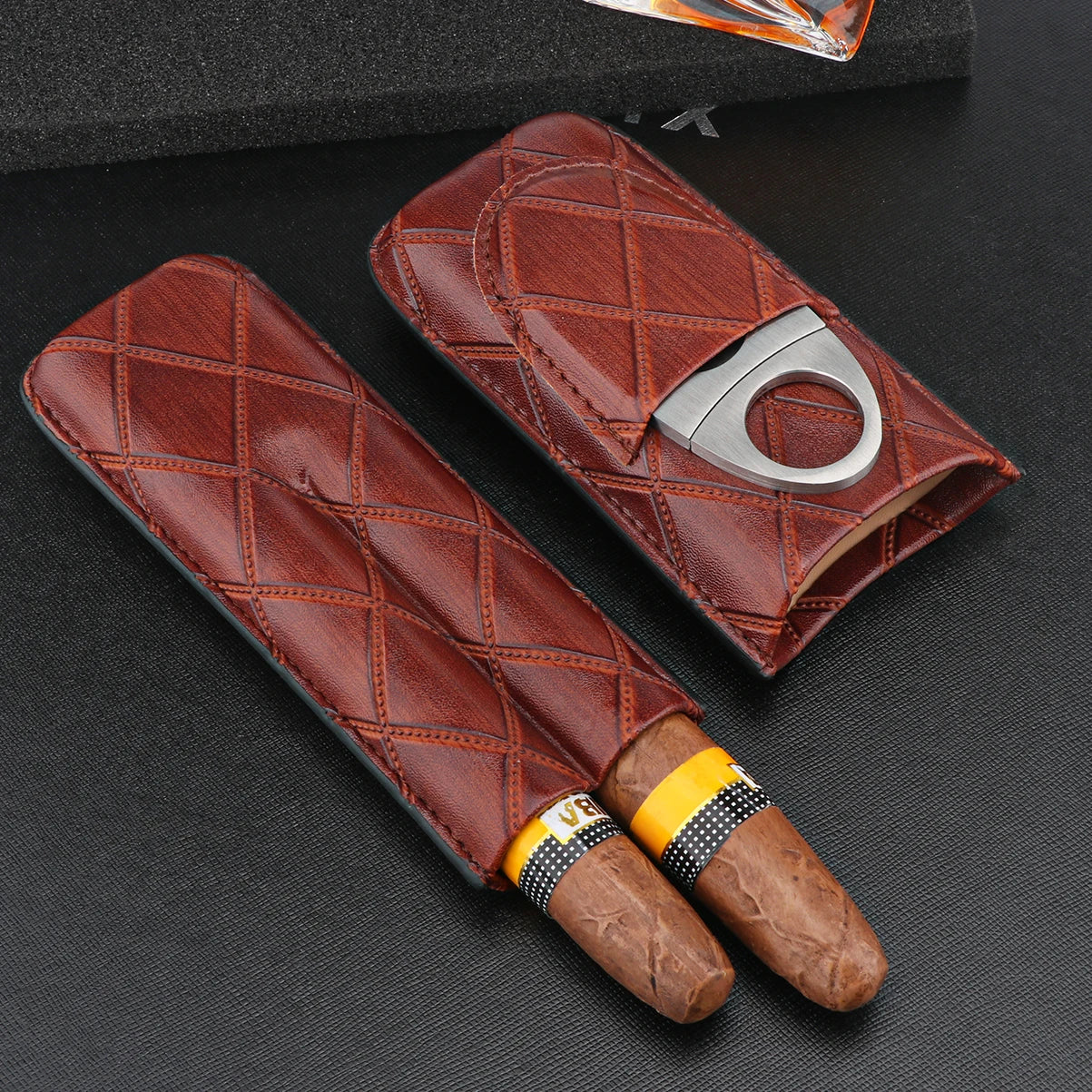 Xifei 2 Slots Leather Cigar Case Set Portable Humidor Box W/ Stainless Steel Cutter Travel Smoking Cigarette Storage Accessories