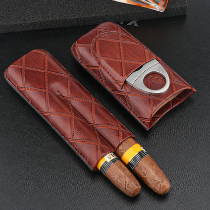 Xifei 2 Slots Leather Cigar Case Set Portable Humidor Box W/ Stainless Steel Cutter Travel Smoking Cigarette Storage Accessories