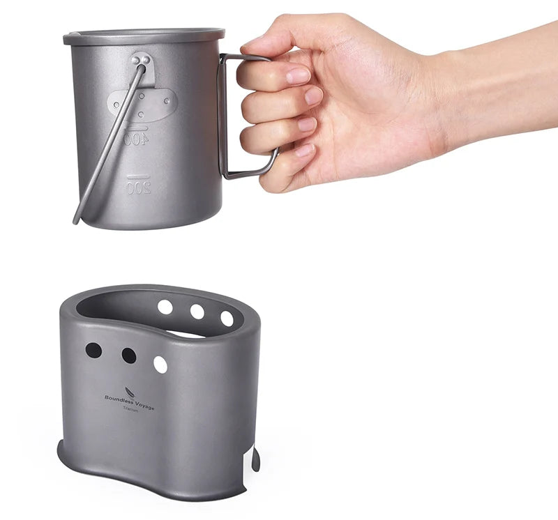 Boundless Voyage 2 in 1 Camping Titanium Pot Wood Stove Set 800ml Canteen Cup Outdoor Solo Cookware Mess Kit for 1 Man