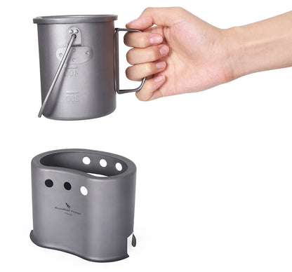 Boundless Voyage 2 in 1 Camping Titanium Pot Wood Stove Set 800ml Canteen Cup Outdoor Solo Cookware Mess Kit for 1 Man