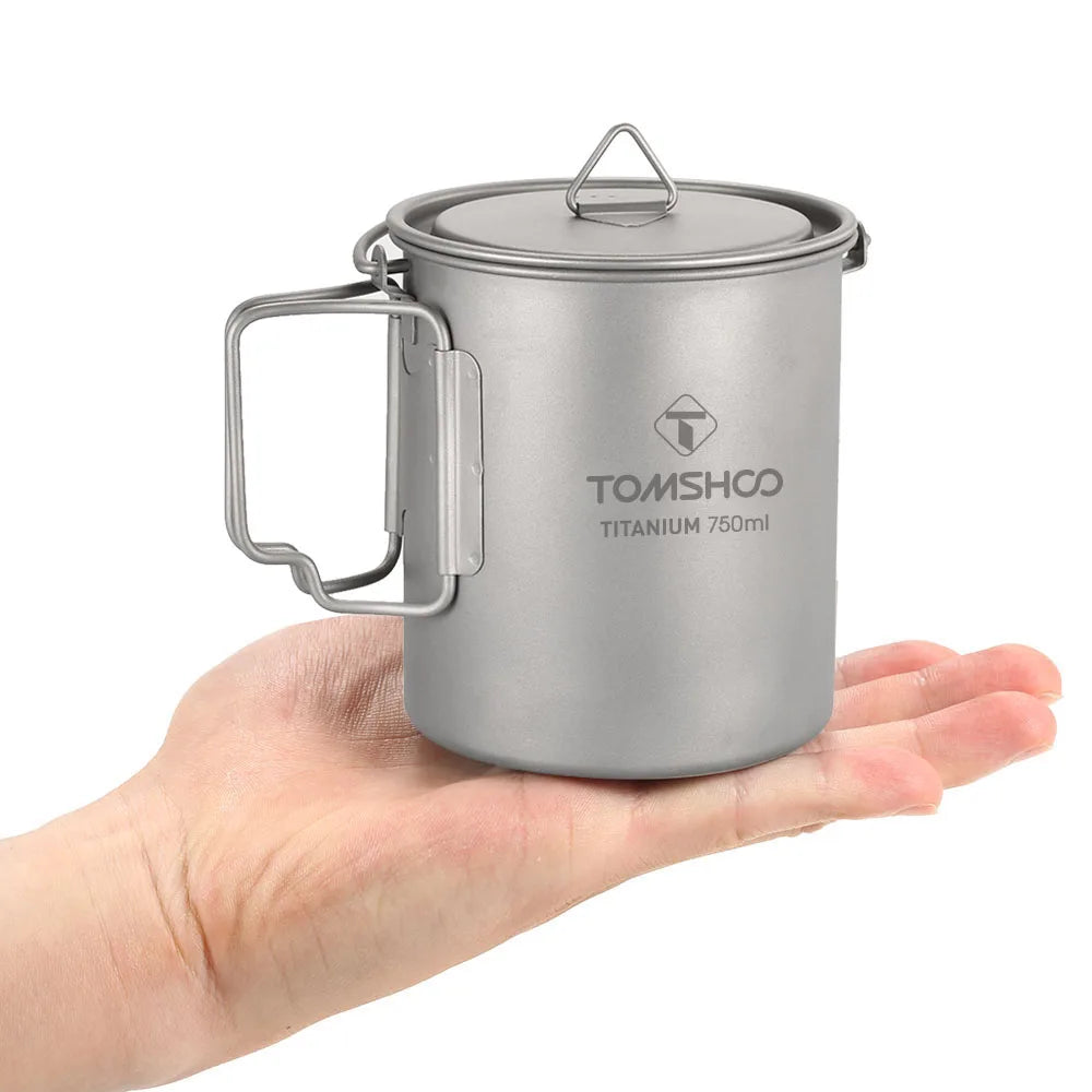 Tomshoo Ultralight 750ml Titanium Pot Portable Titanium Water Mug Cup w/ Lid Foldable Handle Outdoor Camping Picnic Supplies