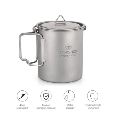 Tomshoo Ultralight 750ml Titanium Pot Portable Titanium Water Mug Cup w/ Lid Foldable Handle Outdoor Camping Picnic Supplies