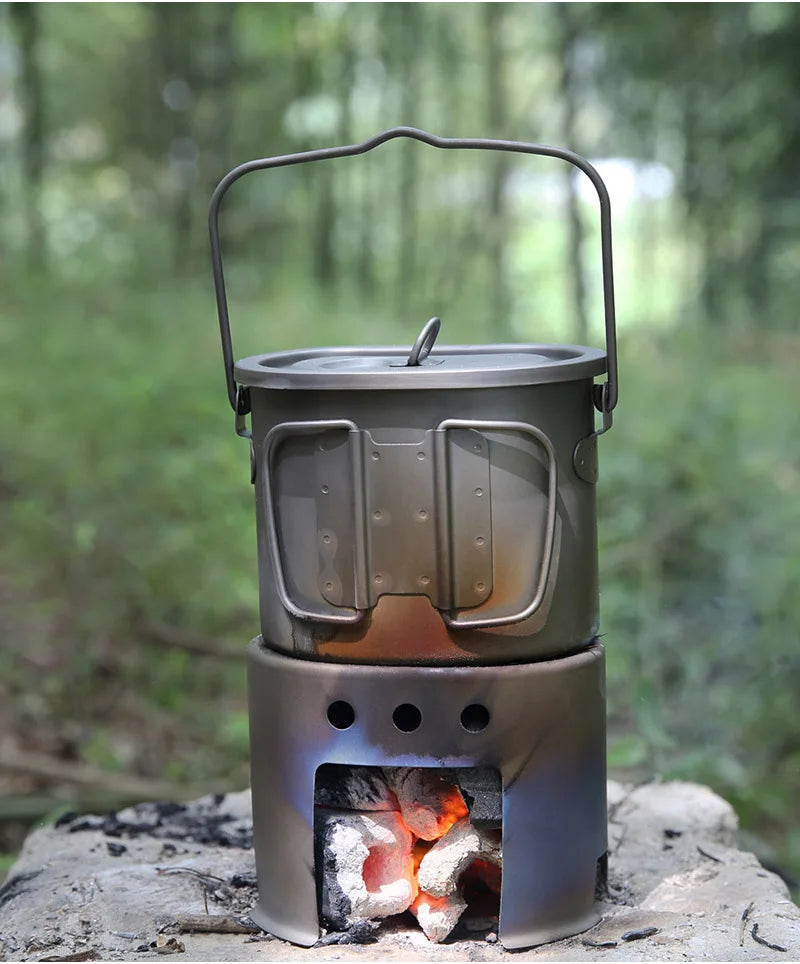 Boundless Voyage 2 in 1 Camping Titanium Pot Wood Stove Set 800ml Canteen Cup Outdoor Solo Cookware Mess Kit for 1 Man