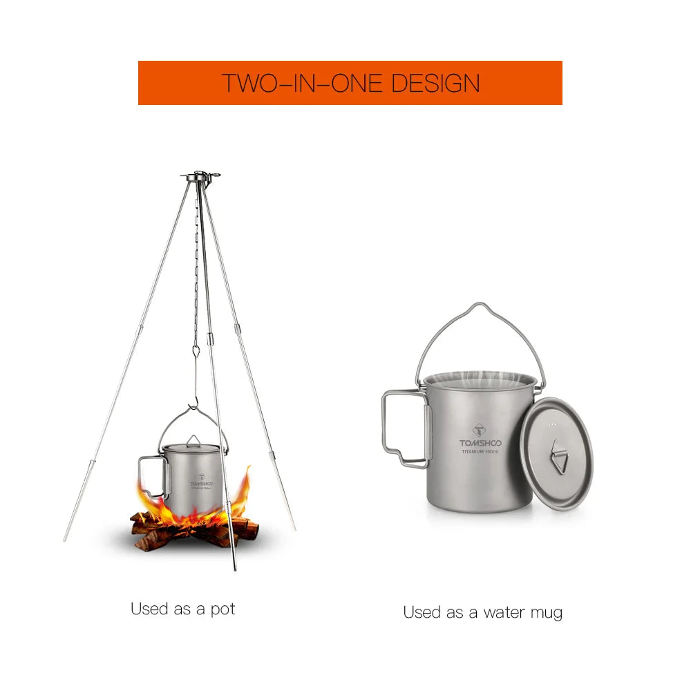 Tomshoo Ultralight 750ml Titanium Pot Portable Titanium Water Mug Cup w/ Lid Foldable Handle Outdoor Camping Picnic Supplies