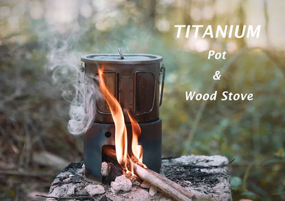Boundless Voyage 2 in 1 Camping Titanium Pot Wood Stove Set 800ml Canteen Cup Outdoor Solo Cookware Mess Kit for 1 Man