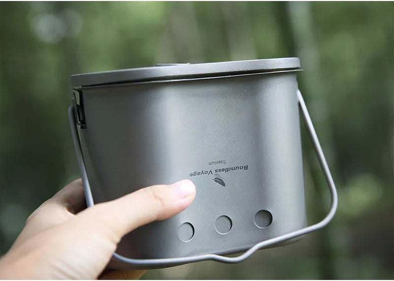 Boundless Voyage 2 in 1 Camping Titanium Pot Wood Stove Set 800ml Canteen Cup Outdoor Solo Cookware Mess Kit for 1 Man