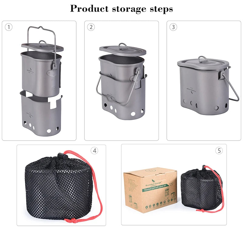 Boundless Voyage 2 in 1 Camping Titanium Pot Wood Stove Set 800ml Canteen Cup Outdoor Solo Cookware Mess Kit for 1 Man