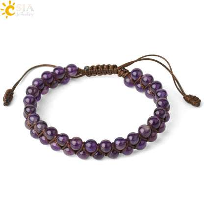 CSJA Natural Stone Bracelet for Men Women Handmade Double Layers Healing Tiger eye Amethysts Crystal Bead Bangle Bracelets G397