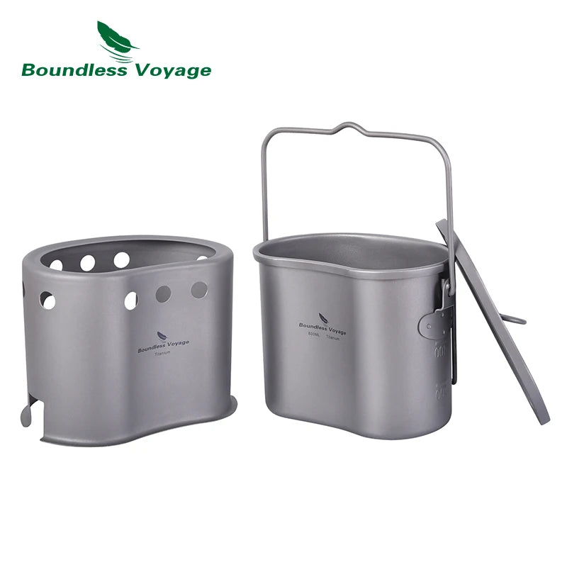 Boundless Voyage 2 in 1 Camping Titanium Pot Wood Stove Set 800ml Canteen Cup Outdoor Solo Cookware Mess Kit for 1 Man