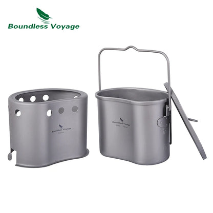 Boundless Voyage 2 in 1 Camping Titanium Pot Wood Stove Set 800ml Canteen Cup Outdoor Solo Cookware Mess Kit for 1 Man