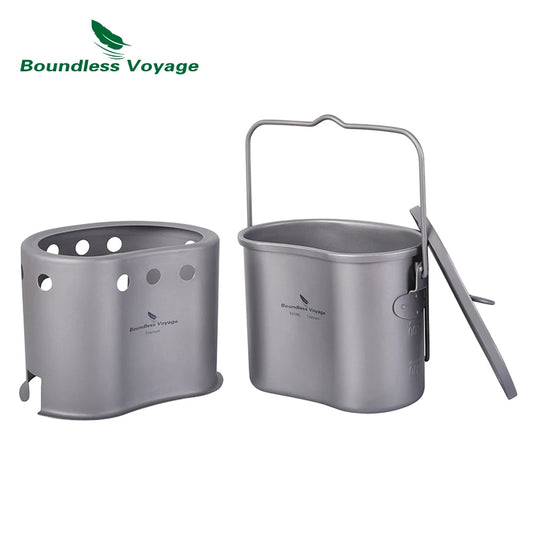 Boundless Voyage 2 in 1 Camping Titanium Pot Wood Stove Set 800ml Canteen Cup Outdoor Solo Cookware Mess Kit for 1 Man