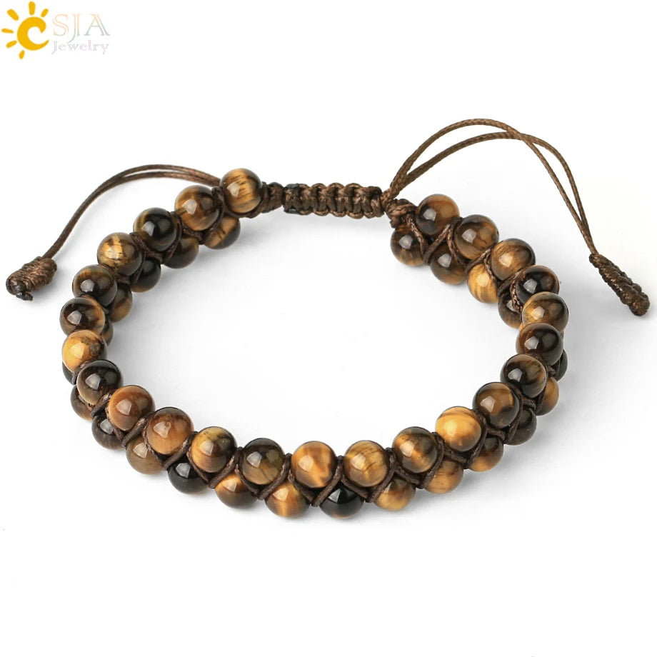 CSJA Natural Stone Bracelet for Men Women Handmade Double Layers Healing Tiger eye Amethysts Crystal Bead Bangle Bracelets G397