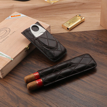 Xifei 2 Slots Leather Cigar Case Set Portable Humidor Box W/ Stainless Steel Cutter Travel Smoking Cigarette Storage Accessories