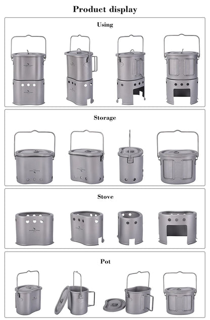 Boundless Voyage 2 in 1 Camping Titanium Pot Wood Stove Set 800ml Canteen Cup Outdoor Solo Cookware Mess Kit for 1 Man
