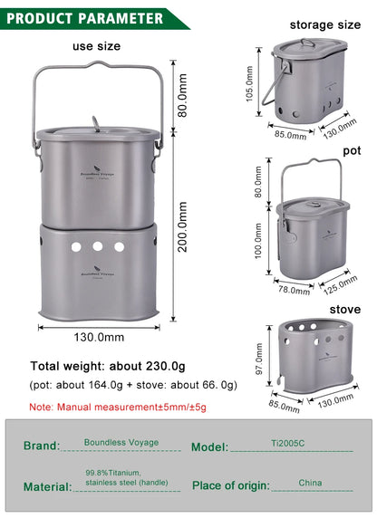 Boundless Voyage 2 in 1 Camping Titanium Pot Wood Stove Set 800ml Canteen Cup Outdoor Solo Cookware Mess Kit for 1 Man