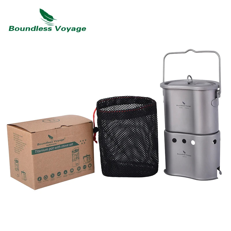 Boundless Voyage 2 in 1 Camping Titanium Pot Wood Stove Set 800ml Canteen Cup Outdoor Solo Cookware Mess Kit for 1 Man