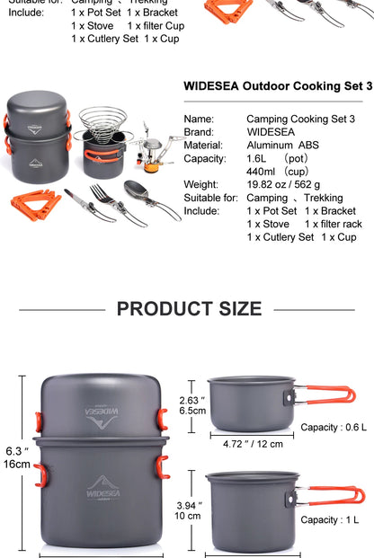 Widesea Camping Cookware Set Outdoor Tableware Equipment Supplies Burner Stove Folding Knife Fork Portable Pot Suit Tourism Cup