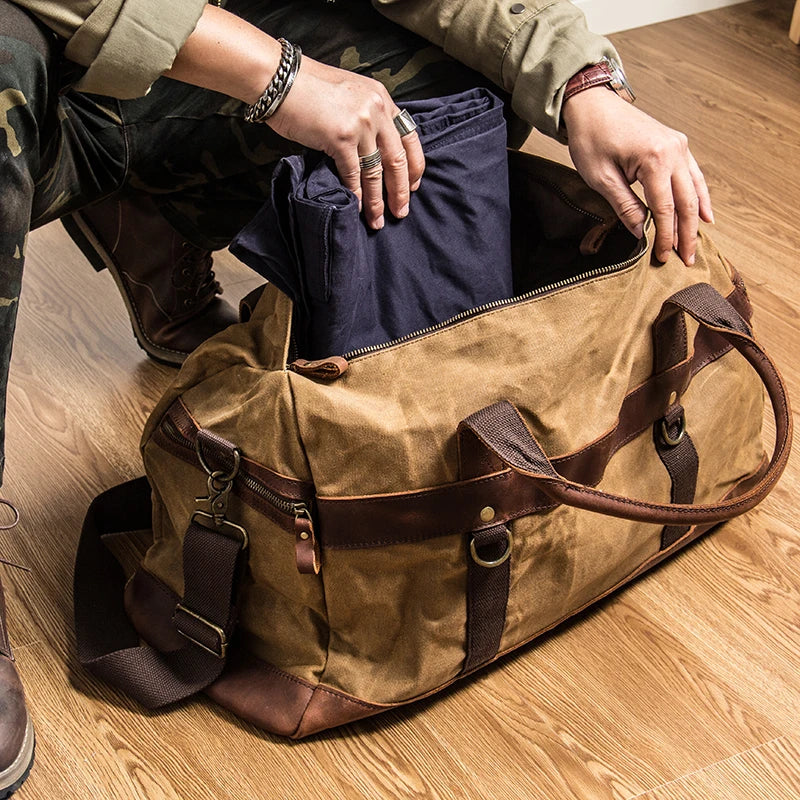 WaterProof Waxed Canvas Leather Men Travel Bag Hand Luggage Bag Carry On Large tote Vintage Men Duffle Weekend Bag big Overnight