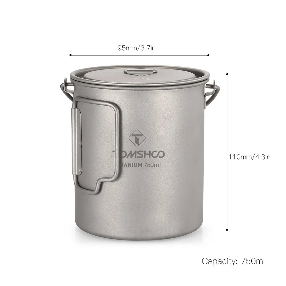 Tomshoo Ultralight 750ml Titanium Pot Portable Titanium Water Mug Cup w/ Lid Foldable Handle Outdoor Camping Picnic Supplies