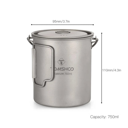Tomshoo Ultralight 750ml Titanium Pot Portable Titanium Water Mug Cup w/ Lid Foldable Handle Outdoor Camping Picnic Supplies