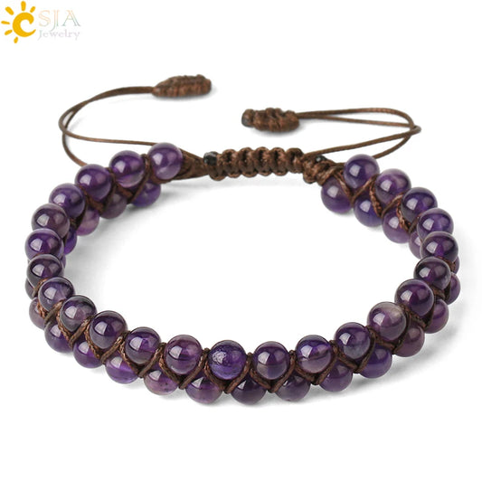 CSJA Natural Stone Bracelet for Men Women Handmade Double Layers Healing Tiger eye Amethysts Crystal Bead Bangle Bracelets G397