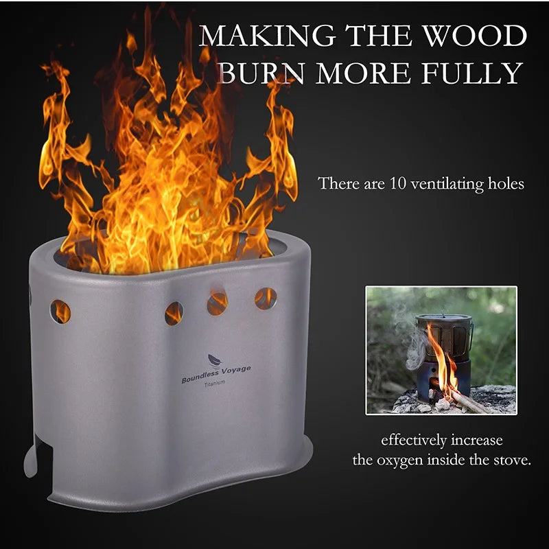 Boundless Voyage 2 in 1 Camping Titanium Pot Wood Stove Set 800ml Canteen Cup Outdoor Solo Cookware Mess Kit for 1 Man