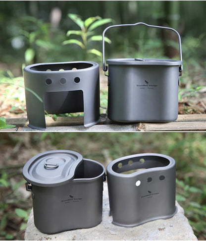 Boundless Voyage 2 in 1 Camping Titanium Pot Wood Stove Set 800ml Canteen Cup Outdoor Solo Cookware Mess Kit for 1 Man