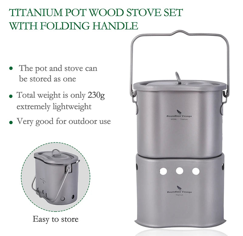 Boundless Voyage 2 in 1 Camping Titanium Pot Wood Stove Set 800ml Canteen Cup Outdoor Solo Cookware Mess Kit for 1 Man