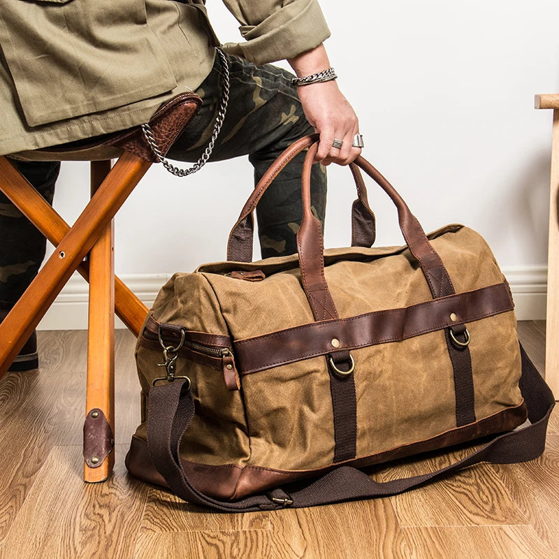 WaterProof Waxed Canvas Leather Men Travel Bag Hand Luggage Bag Carry On Large tote Vintage Men Duffle Weekend Bag big Overnight