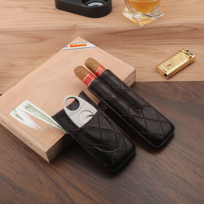 Xifei 2 Slots Leather Cigar Case Set Portable Humidor Box W/ Stainless Steel Cutter Travel Smoking Cigarette Storage Accessories
