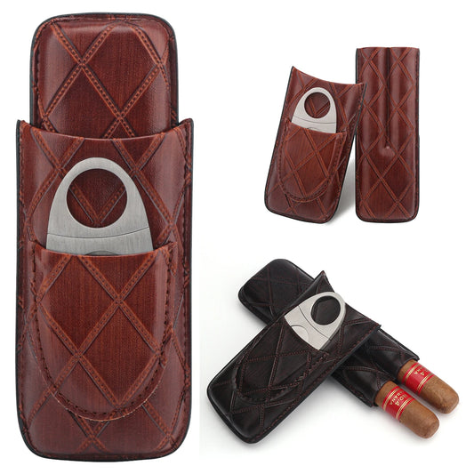 Xifei 2 Slots Leather Cigar Case Set Portable Humidor Box W/ Stainless Steel Cutter Travel Smoking Cigarette Storage Accessories