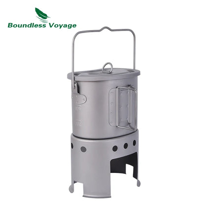 Boundless Voyage 2 in 1 Camping Titanium Pot Wood Stove Set 800ml Canteen Cup Outdoor Solo Cookware Mess Kit for 1 Man