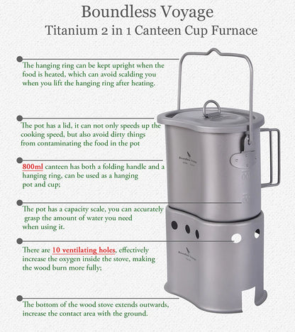 Boundless Voyage 2 in 1 Camping Titanium Pot Wood Stove Set 800ml Canteen Cup Outdoor Solo Cookware Mess Kit for 1 Man
