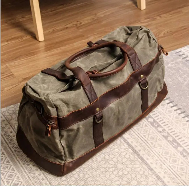 WaterProof Waxed Canvas Leather Men Travel Bag Hand Luggage Bag Carry On Large tote Vintage Men Duffle Weekend Bag big Overnight