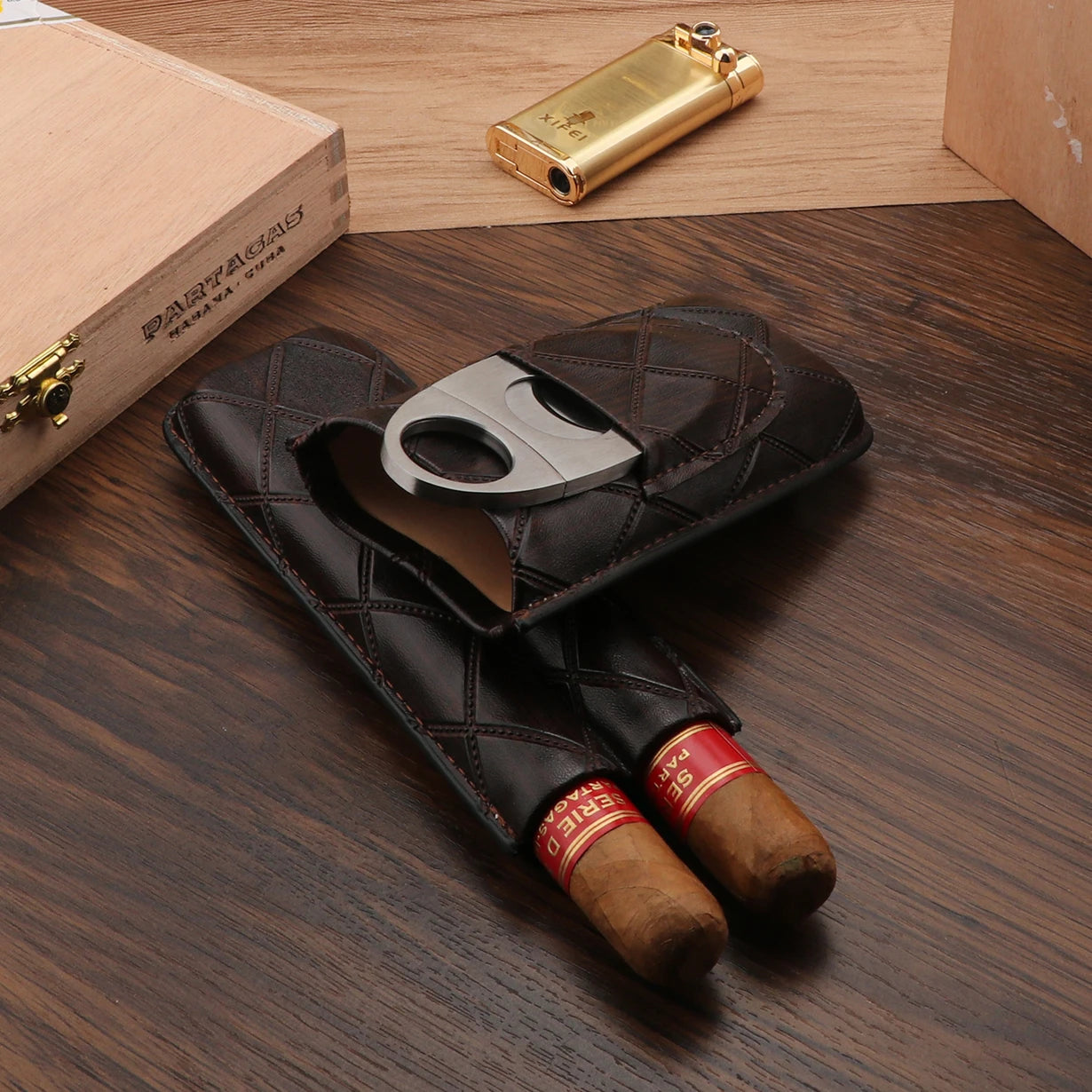 Xifei 2 Slots Leather Cigar Case Set Portable Humidor Box W/ Stainless Steel Cutter Travel Smoking Cigarette Storage Accessories