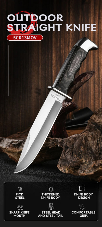 1Pc Ultra-Durable Stainless Steel Knife with Ergonomic Wooden Handle, Includes Portable Black Sheath - Perfect for Camping