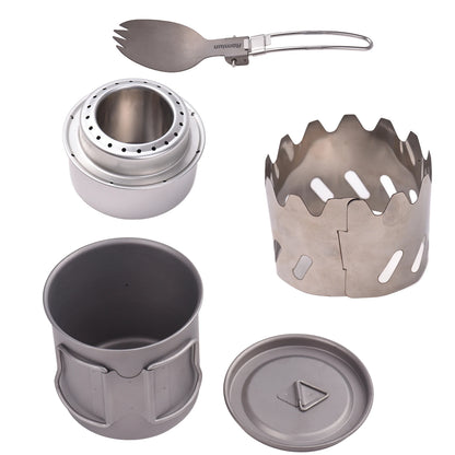 Camping Cooking Set Ti 500ml Cup Fork Spoon Alcohol Stove Windscreen Portable Camping Cook Sets for 1 People
