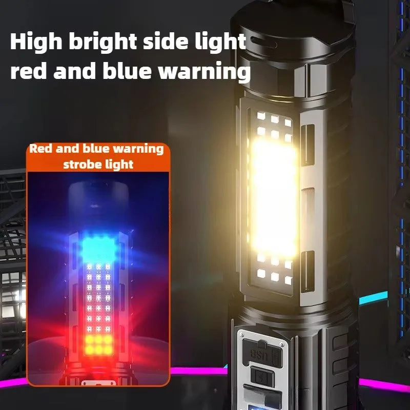 Powerful Flashlight With 7 Lamp Beads Super Tactical Light With COB Side Light Camping Lantern USB Rechargeable Outdoor Torch