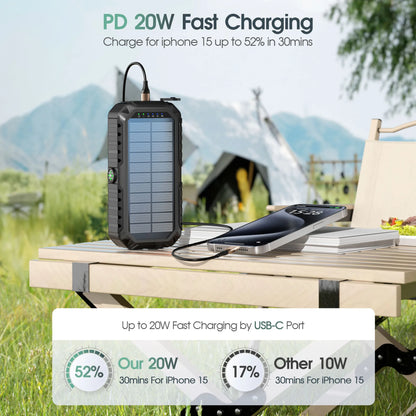 Hand Crank Solar Power Bank 20000mAh Waterproof Portable 22.5W Fast Charger Powerbank for iPhone Samsung Xiaomi External Battery