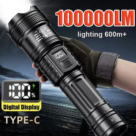 High Power Led Flashlight Type-C Rechargeable Long Range Zoom Tactical Torch Light Outdoor Emergency Camping Fishing Lantern