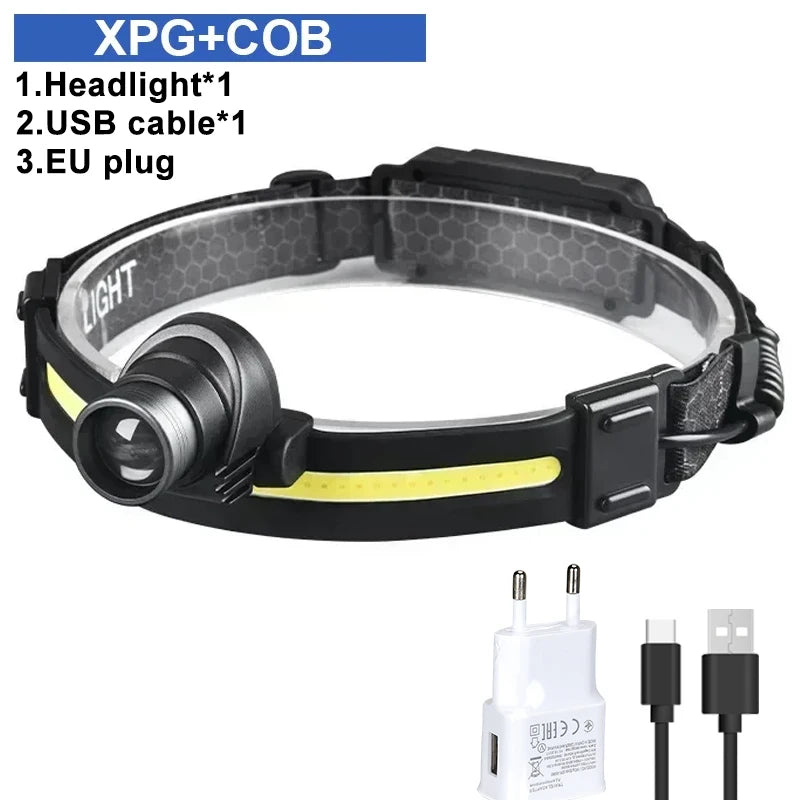 Powerful LED Headlamp 7 Modes XPE+COB Sensor Head Torch
