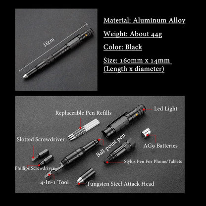 Military Tactical Pen, 6-in-1 Self Defense Pen LED Flash light