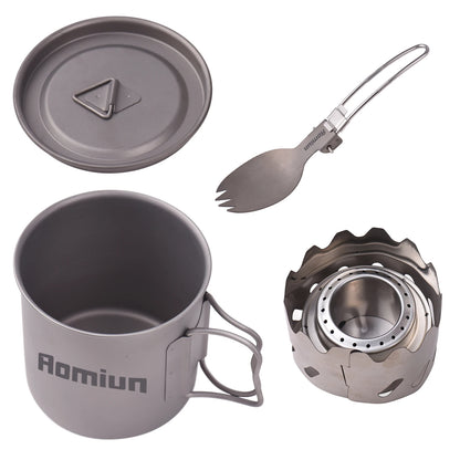 Camping Cooking Set Ti 500ml Cup Fork Spoon Alcohol Stove Windscreen Portable Camping Cook Sets for 1 People