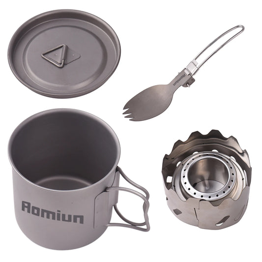 Camping Cooking Set Ti 500ml Cup Fork Spoon Alcohol Stove Windscreen Portable Camping Cook Sets for 1 People
