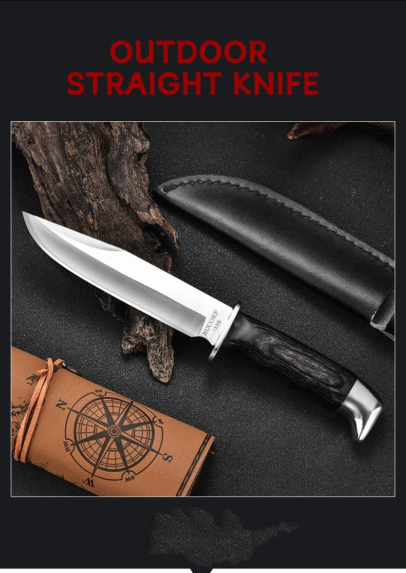 1Pc Ultra-Durable Stainless Steel Knife with Ergonomic Wooden Handle, Includes Portable Black Sheath - Perfect for Camping