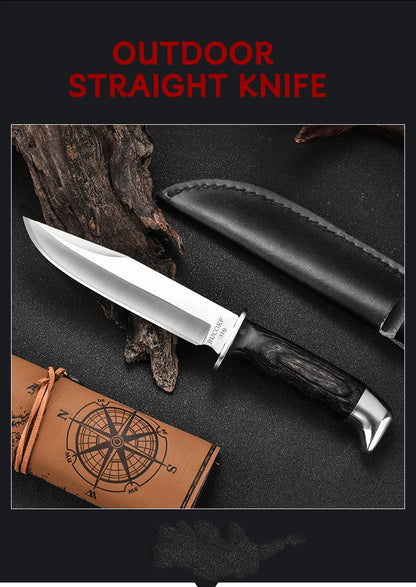 1Pc Ultra-Durable Stainless Steel Knife with Ergonomic Wooden Handle, Includes Portable Black Sheath - Perfect for Camping