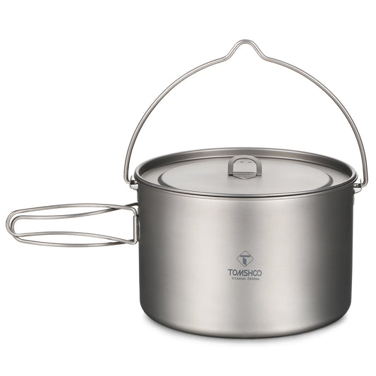 TOMSHOO Camping Cookware Titanium Pot 0.75L/0.9L/1.1L/1.6L/2L/2.8L Ultralight Hanging Pot w Lid Foldable Handle Outdoor Cooking