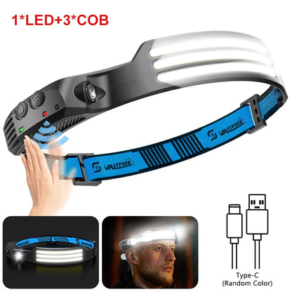 Induction Headlamp COB+LED Headlamp Built in Battery USB Rechargeable Outdoor Waterproof Camping Fishing Work Lantern ﻿